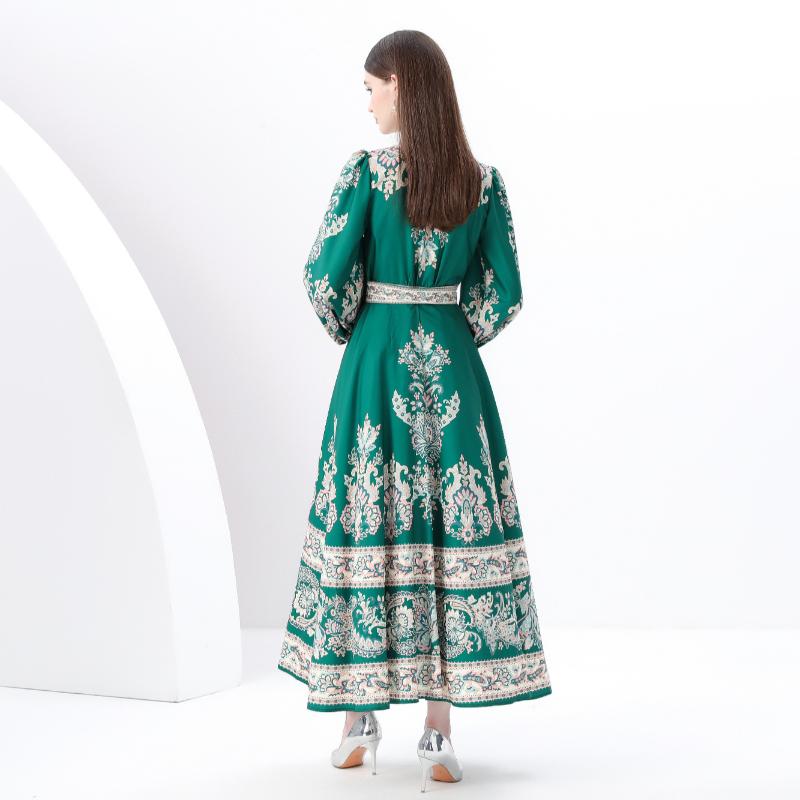 Spring Summer Women V-neck Big Size Vintage Print Lantern Sleeve Midi Lace-up Party Dresses Robe