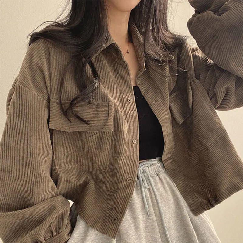French Retro Corduroy Lapel Short Jacket - Women's Petite Trendy Casual Fall/Winter Coat