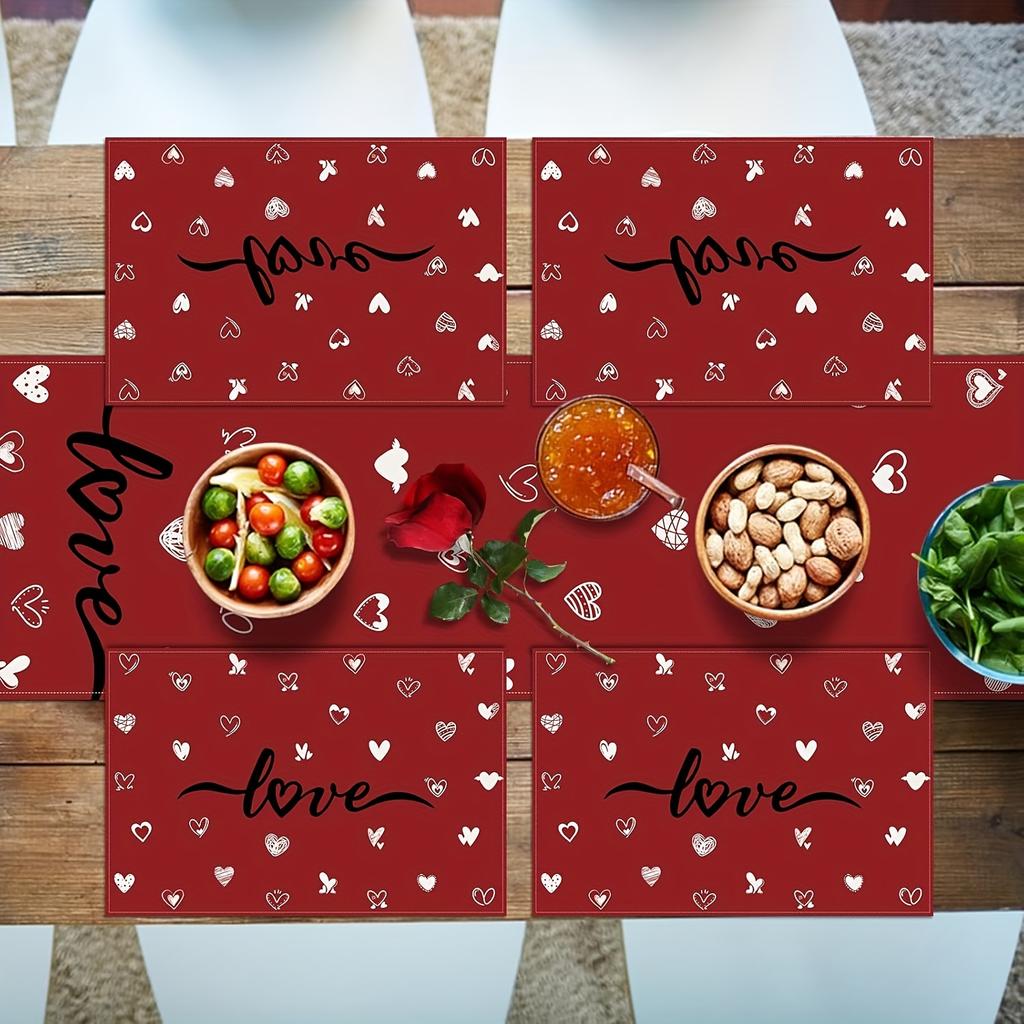 4/6pcs Set Valentine'S Day Red Background with White Hearts And Love Pattern Placemats Suitable for Home Kitchen, Dining Room, Party