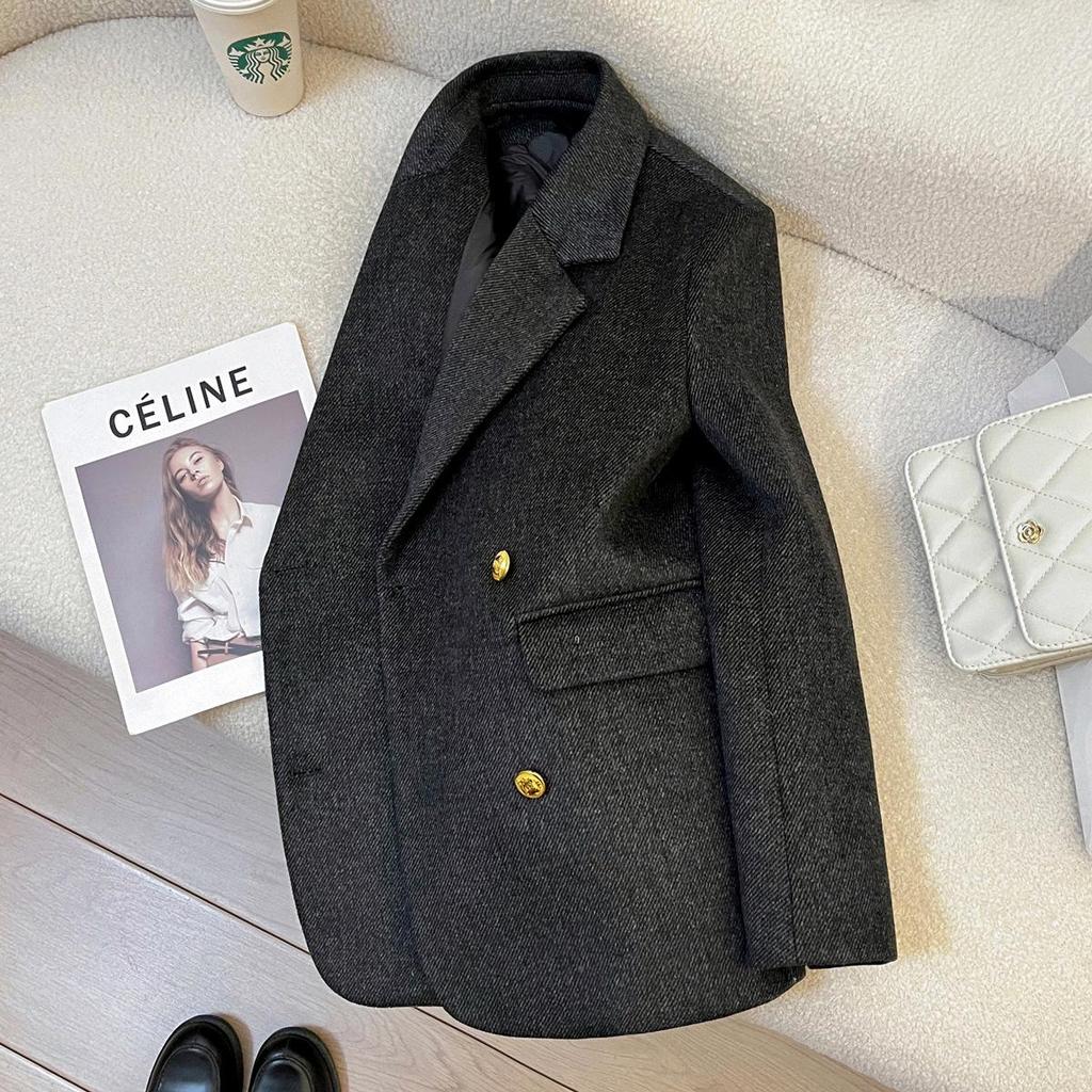 Women's 2025 Winter Dark Grey Twill Blazer - British Style Commuting Jacket