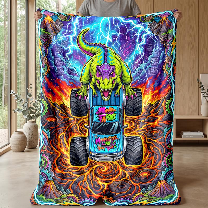Dinosaur Monster Truck Adventure Blanket Personalized Name Flannel Blanket Soft Cozy Plush Throw for Sofa Bed Lightweight Home Decor