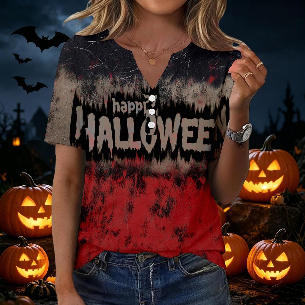 Women's Casual Halloween Print V Neck Button Front Three Quarter Sleeve T Shirt Top for Everyday Wear
