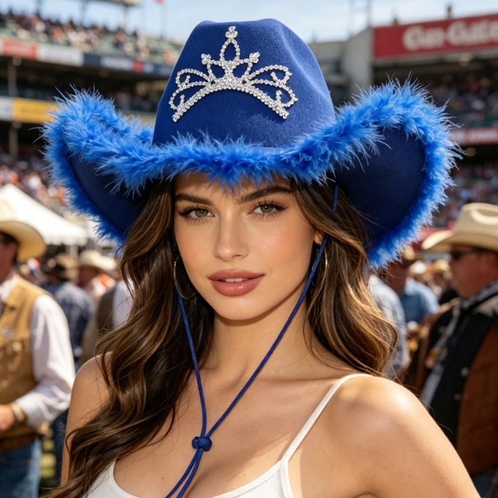 Wide Curved Brim Rhinestone Tiara Cowgirl Hat Sparkly Western Cowboy Cap Birthday Party