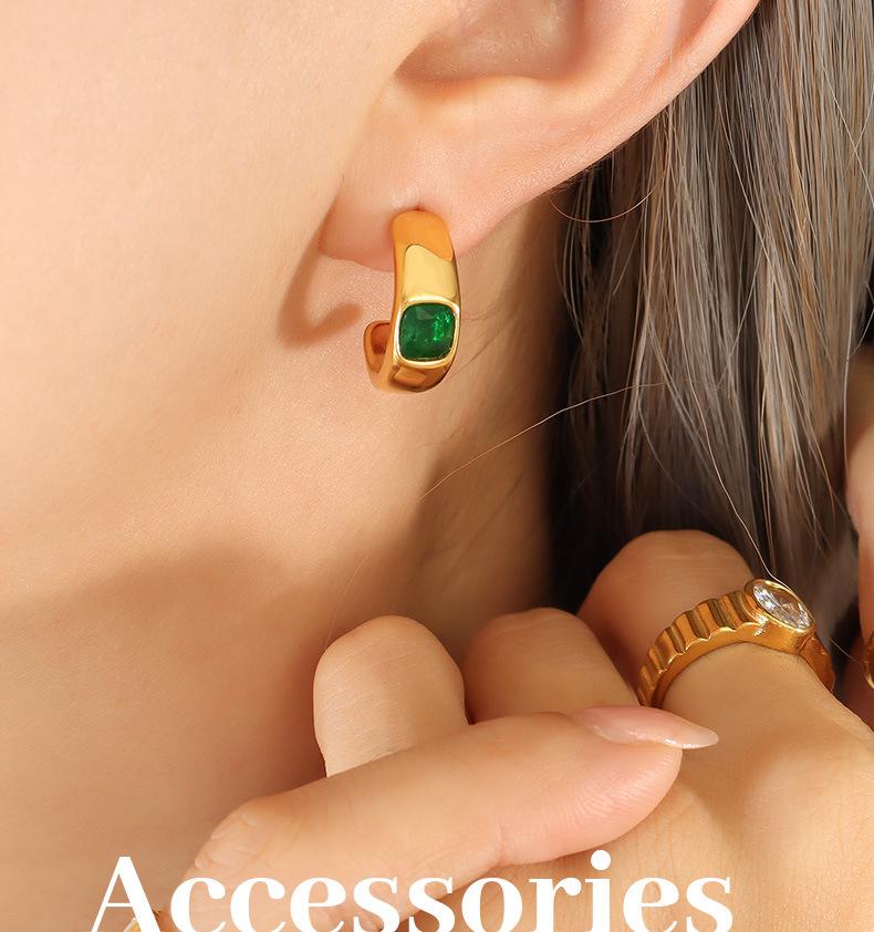 C-shaped Green Zirconia Earrings in 18K Gold-Plated Titanium Steel - European & American Style Fashion Accessory