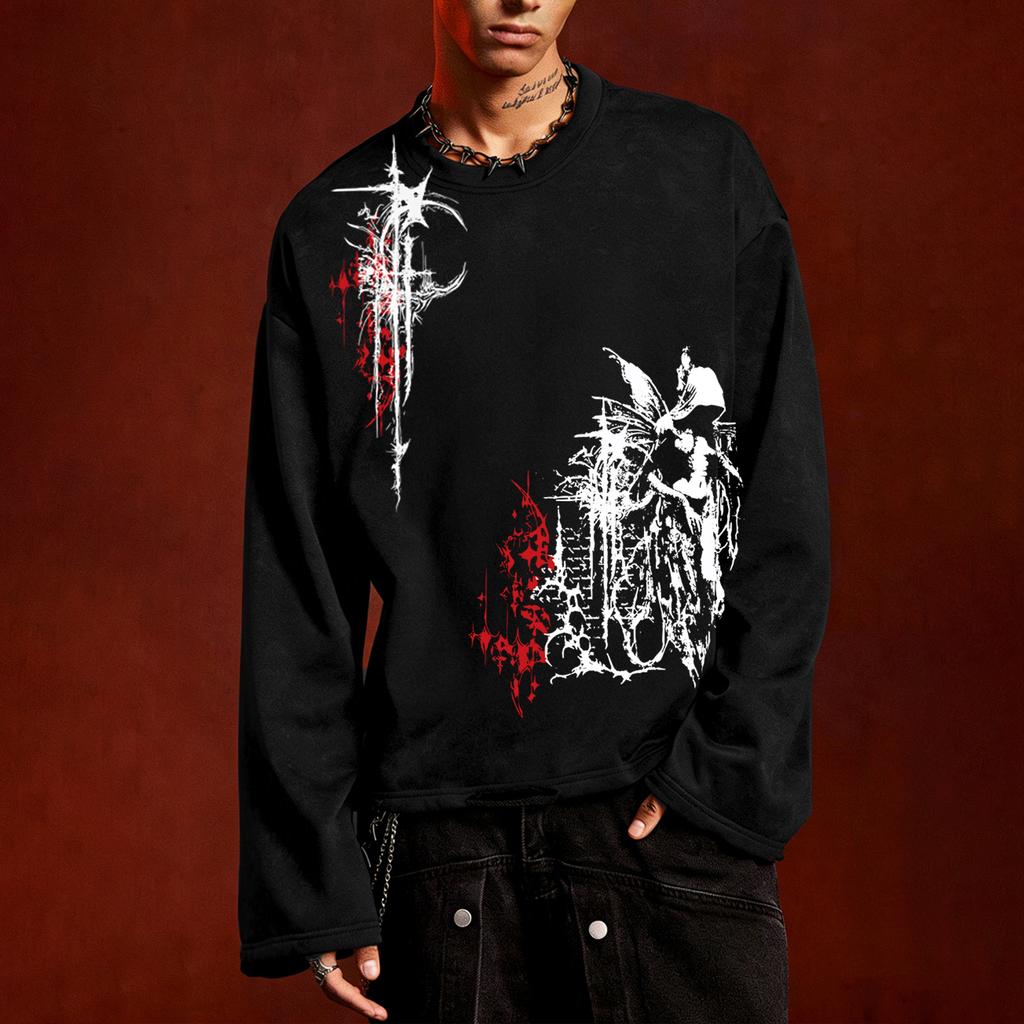 Dark High Street Red and Black Abstract Graffiti Print Round-Neck Long-Sleeve T-Shirt – Unisex Casual Cropped Top, Versatile for All Seasons