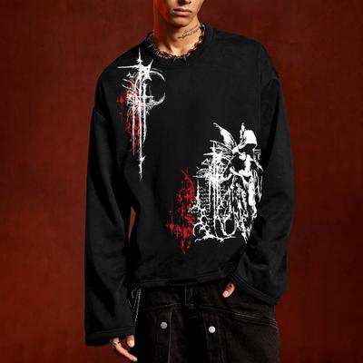 Dark High Street Red and Black Abstract Graffiti Print Round-Neck Long-Sleeve T-Shirt – Unisex Casual Cropped Top, Versatile for All Seasons