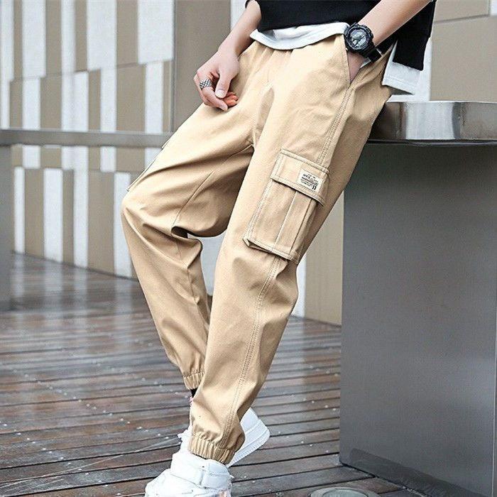 

Men s Relaxed Fit Cargo Pants with Elastic Cuffs and Drawstring Waist M бежевый