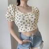 Women's Summer Short Revealing Tops with Design Single-breasted Short-sleeved Square Neck Lace Lace Crushed Bubble Sleeve T-shirts