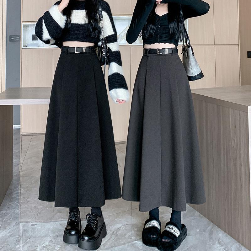 2025 Autumn/Winter Women's High-Waist Grey Wool Pleated Mid-Length A-Line Skirt