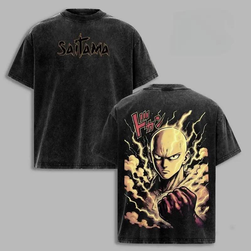

Saitama One Punch Man Anime Clothing Men Women Oversized T-shirts Short Sleeve Washed T Shirt Vintage Cotton Tshirt Harajuku Top XXL чёрный