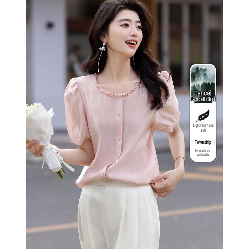 Demana Shimmer Tencel Pearl Puff Sleeve Blouse S