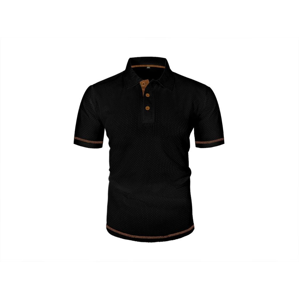 Men's Summer Ice Silk Fiber Short Sleeve T-shirt - Breathable Striped Casual Top with Classic Collar and Button Details