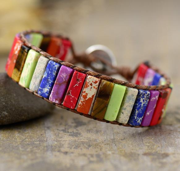 SJ Natural Emperor Stone Woven Leather Bohemian Bracelet Unisex Handmade Gemstone Jewelry Gift