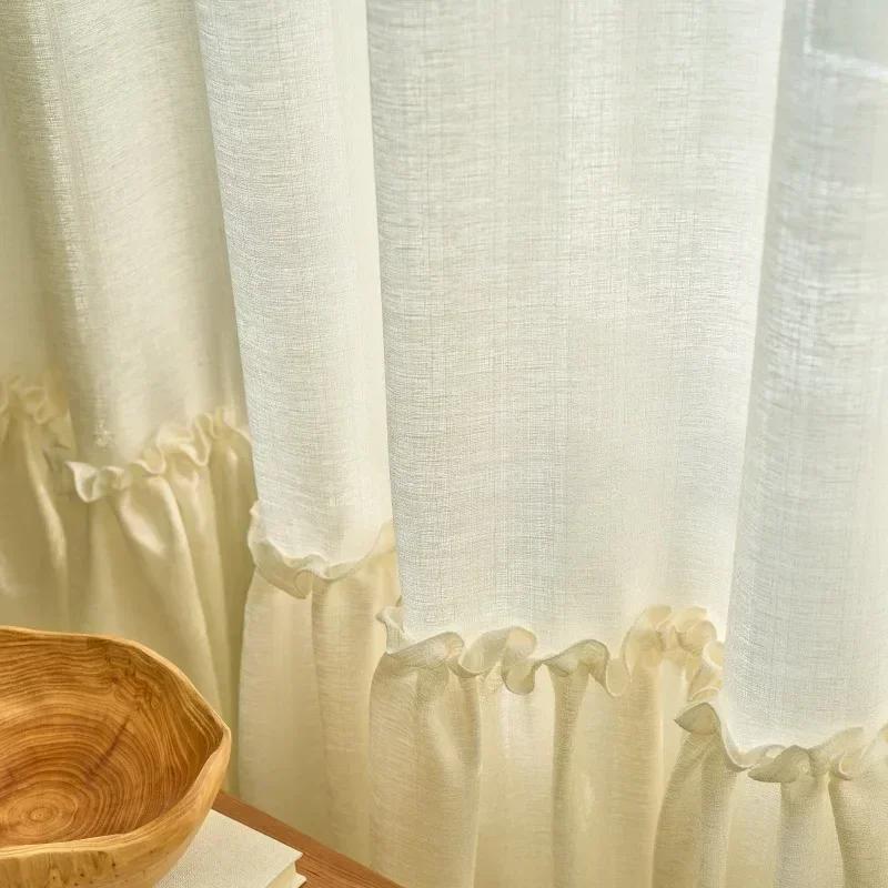 Op Maat Gemaakte Franse Beige Tule Doorzichtige Gordijnen voor Woon- Eetkamer Slaapkamer Rustiek Ruche Houten Oorbel Zoom Doorschijnend OnDoorzichtig W100cmxH250cm 1PC&Pull Pleated Tape