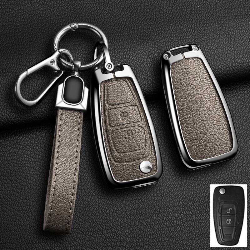 Alloy Genuine Leather Auto Flip Key Fob Cover Case Fit For Ford Fiesta Ranger C-Max S-Max Focus 3 4 Galaxy Mondeo Transit Tourneo Custom Mk4