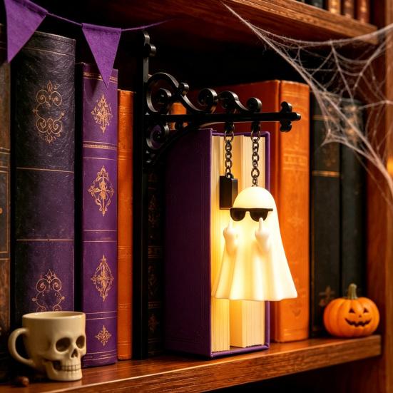 Retro Reading Corner Lamp Library Lantern Bookshelf Lamp, Vintage Metal LED Nightlight for Book Nook Decor, Gothic Home Decor Ghost Book/Wearing