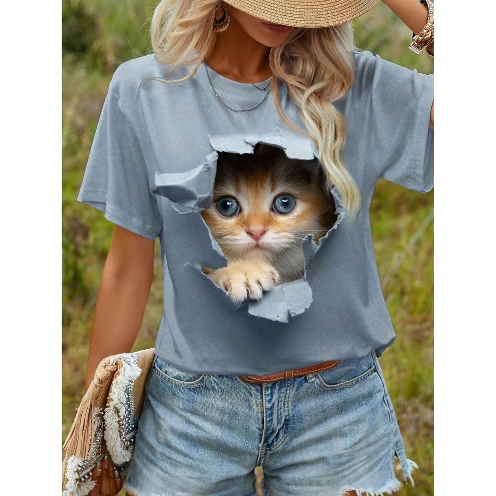 

Cute Kitten T-Shirts Kawaii Cat 3D Print Summer Women s Round-Neck Short Sleeve T Shirt Harajuku Tees Y2k Tops Female Clothing S