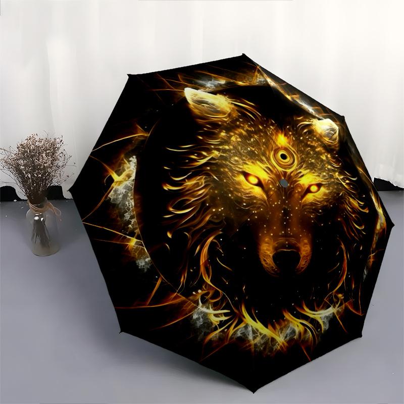 1pc Golden Wolf Automatic Opening and Closing Umbrella, Lightweight 3-Fold, With Cute Cartoon Characters, Suitable for Home, Outdoor and Daily Us