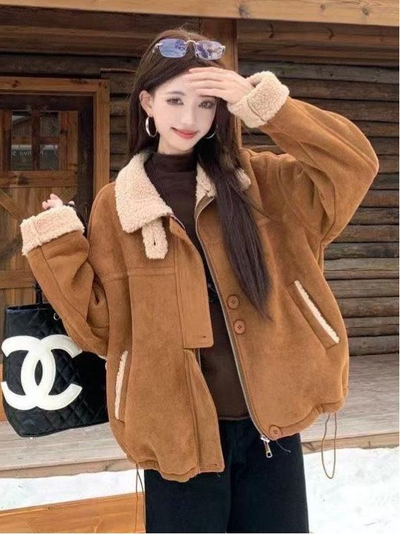 Melaleuca Plus Women's Winter 2026 Lambswool Patchwork Loose Jacket with Thickened Velvet Lapel and Long Sleeves