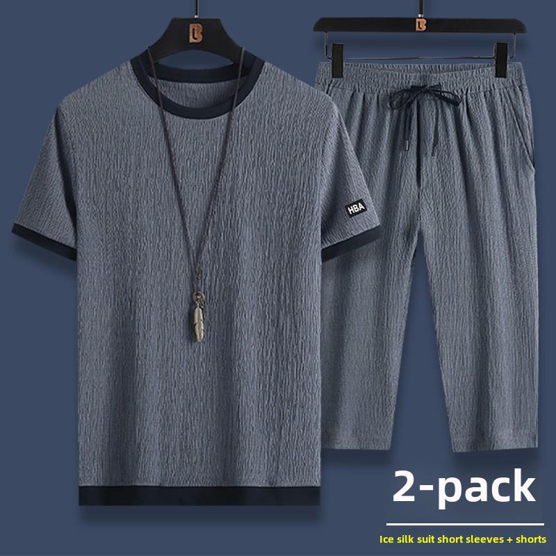 

Мужской летний повседневный спортивный комплект из двух предметов Ice Silk: Футболка с коротким рукавом и шорты 5XL