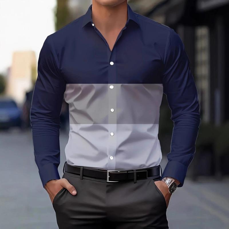 Herr Casual Långärmad Färgblocksskjorta Smal Passform Knäppning Business Casual Skjorta