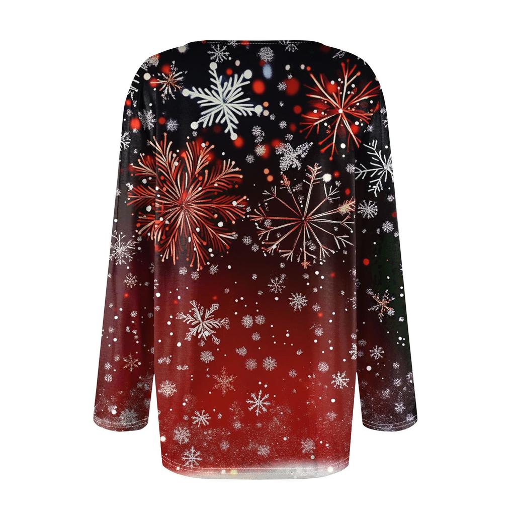 Damenmode, lässig, weihnachtlich bedruckt, Rundhalsausschnitt, plissiert, Langarm-T-Shirt