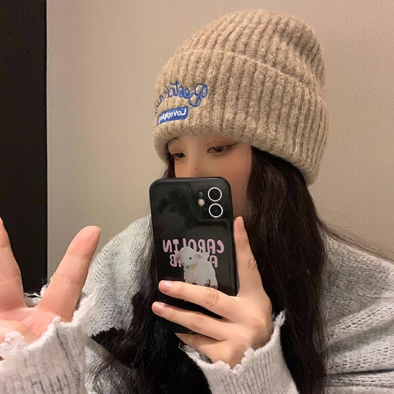 Hat Women's New Warm Woolen Hat Korean Version Versatile Autumn and Winter Ear Protection Knitted Baotou Hat Shows Small Face