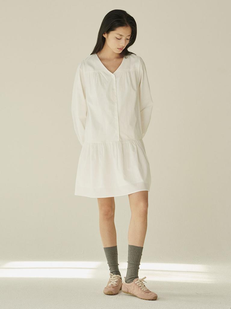 Nub V-Neck Shirring Longsleeve Dress - White