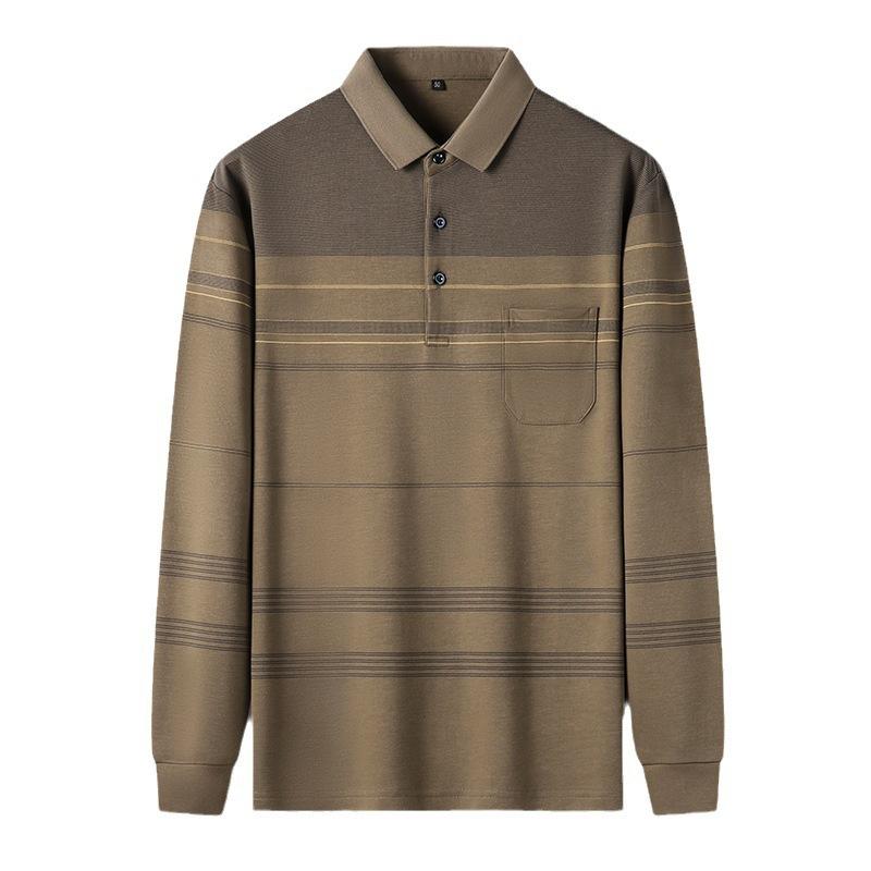 Fall Winter Men Long-Sleeved T-shirt Fashion Casual Polo Collar Striped Polo Shirt Daddy Men's Outfit Bottoming Shirt Top T-shirt Men
