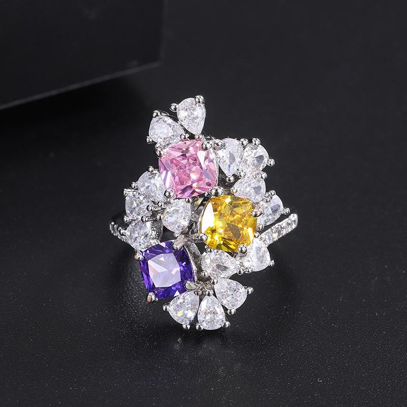 Vintage colored diamond ring, yellow and pink zircon inlaid sparkle ring.