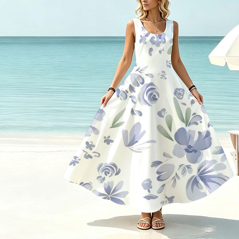 Women Sleeveless Beach Maxi Dress,Lightweight Flowy Large Hem,Fresh Floral Pattern,Elegant Comfortable,Spring Autumn Inner Wear,Travel Photos
