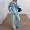 Autumn and winter new European and American women's clothing solid color zipper cardigan knitted wide-leg pants two-piece set for women