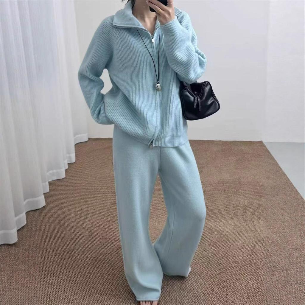 Autumn and winter new European and American women's clothing solid color zipper cardigan knitted wide-leg pants two-piece set for women