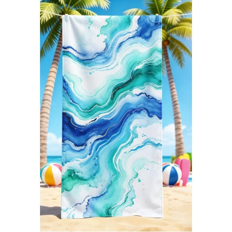Oversized Microfiber Beach Towel, Ocean Wave Marble Swirl Print, Quick Dry Sand Resistant