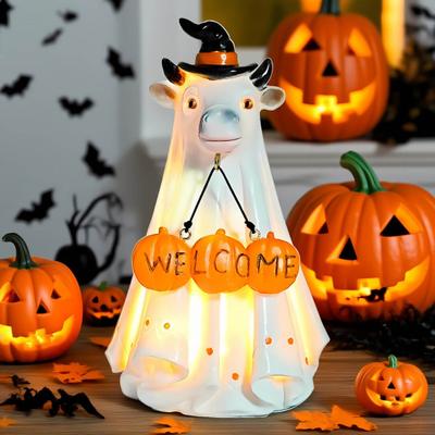 Halloween Porch Ghost Figurine Resin Cow Goose Cat Statue with Pumpkin Bucket or Welcome Sign for Indoor Outdoor Yard Lawn Shelf Table Decor