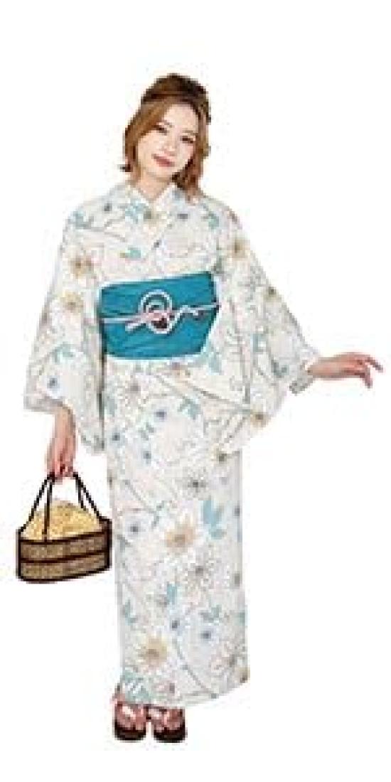 

[Fuuka] Women s Yukata Set, 2-Piece Separation, Adult Free Size, Clematis (Beige & White) x Heiko Obi (Made in JapanTurquoise)