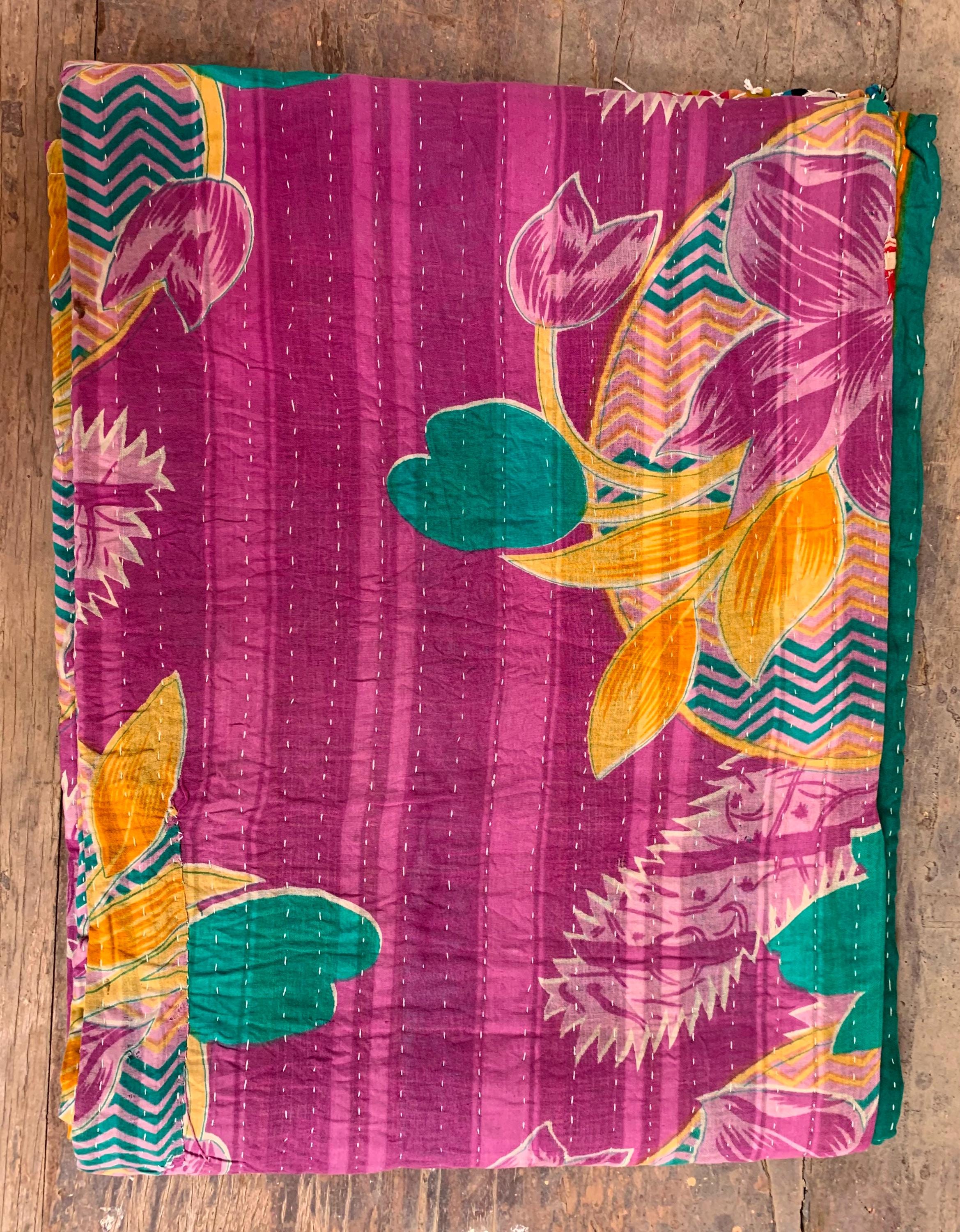 Ручная стеганая покрывало-плед Канта | Яркое цветочное индийское одеяло I Домашний стиль UK 80X 50