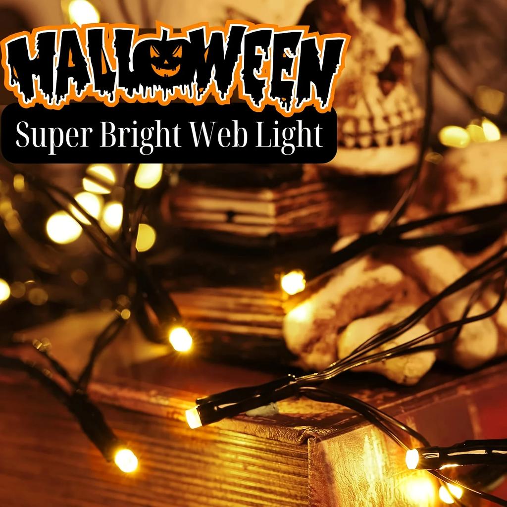 Battery Powered Halloween Spider Web Lights 70 LED Waterproof Cobweb Decorative String Lamp with 8 Modes For Haunted House Party