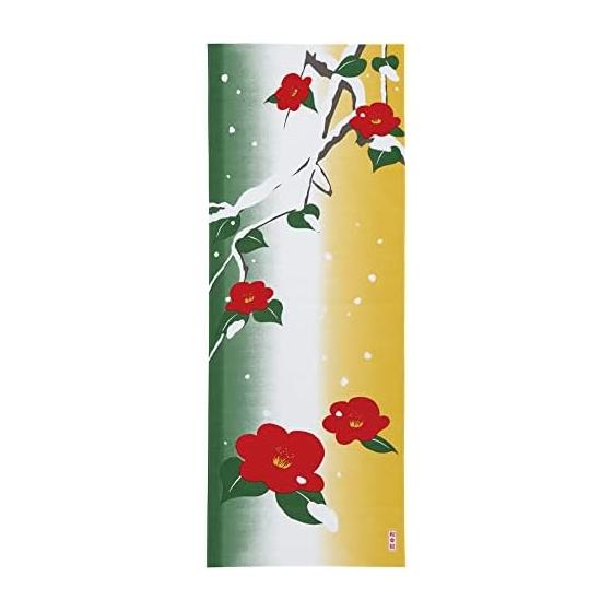 Noren Japanese Tenugui (Winter Camellia) 90x36cm | Made in Japan, 100% Cotton, Tokuoka Fabric, Kyoto Yuzen Dye, Immersion Dye, Japanese Tenugui,