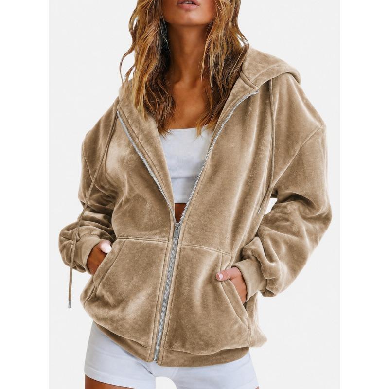 Women S Velvet Hooded Zip Up Sweatshirt Casual Loose Fit Autumn Winter