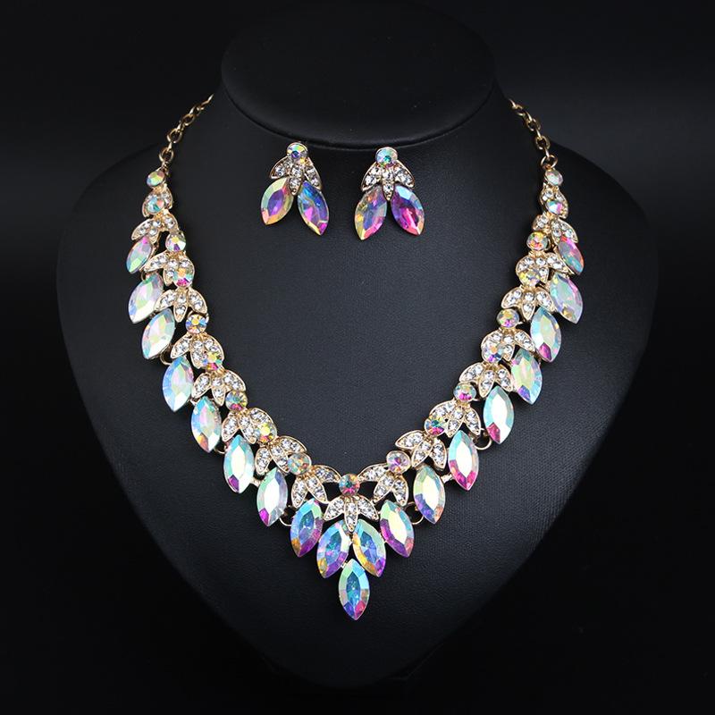 Shining Temperament Crystal Gemstone Necklace Earrings Set Dress Wedding Dinner Women'S Jewelry