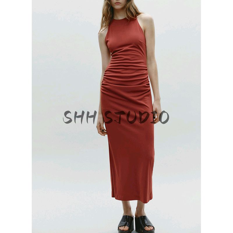 Spring New Women's Clothing French Style Ruched Decorative Back Cross Hanging Collar Midi Skirt Dress 2318262