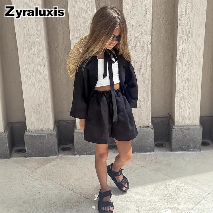 Spring/Summer Girls Cotton Linen Long Sleeve Round Collar Shirt Set + Shorts Kids 2-Piece Outfit