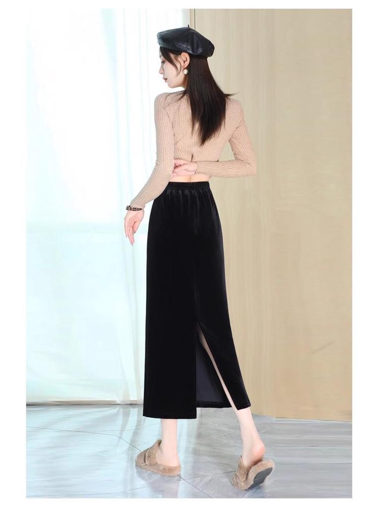Women's Black Velvet High Waist Slit Midi Skirt - Spring/Autumn 2026