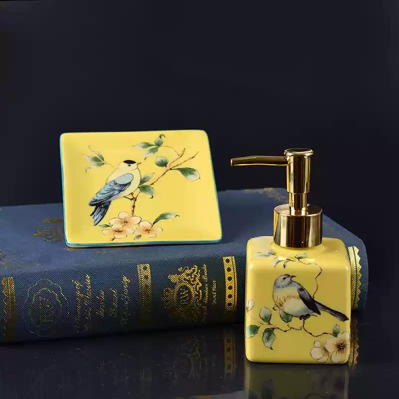 Ceramic Wash Two-piece Set Bathroom Wash Set Ceramic Hand Sanitizer Bottle Press Type Shampoo Bottle Soap Dish Toilet Soap Rack