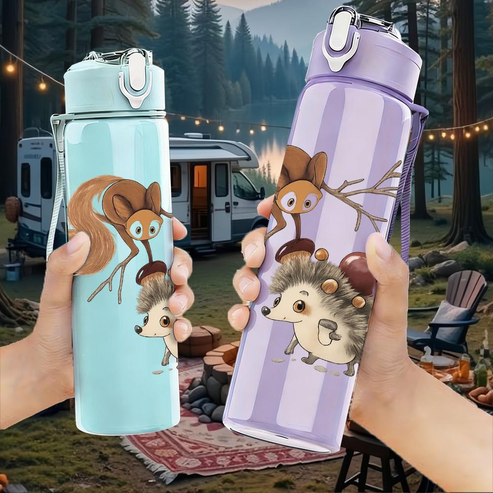 1PC Squirrel Twig Pattern 750ml Color Plastic Sports Water Bottle Leakproof Flip Straw Lid Suitable for Sports Office Home Use