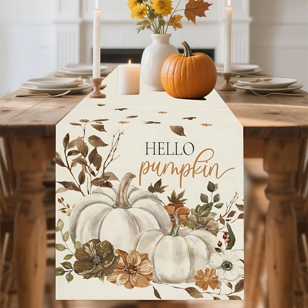 1Pc Autumn Pumpkin & Dried Leaf Table Runner - Thanksgiving Party Decor, Rectangular Tablecloth With "Hello Pumpkin" Design
