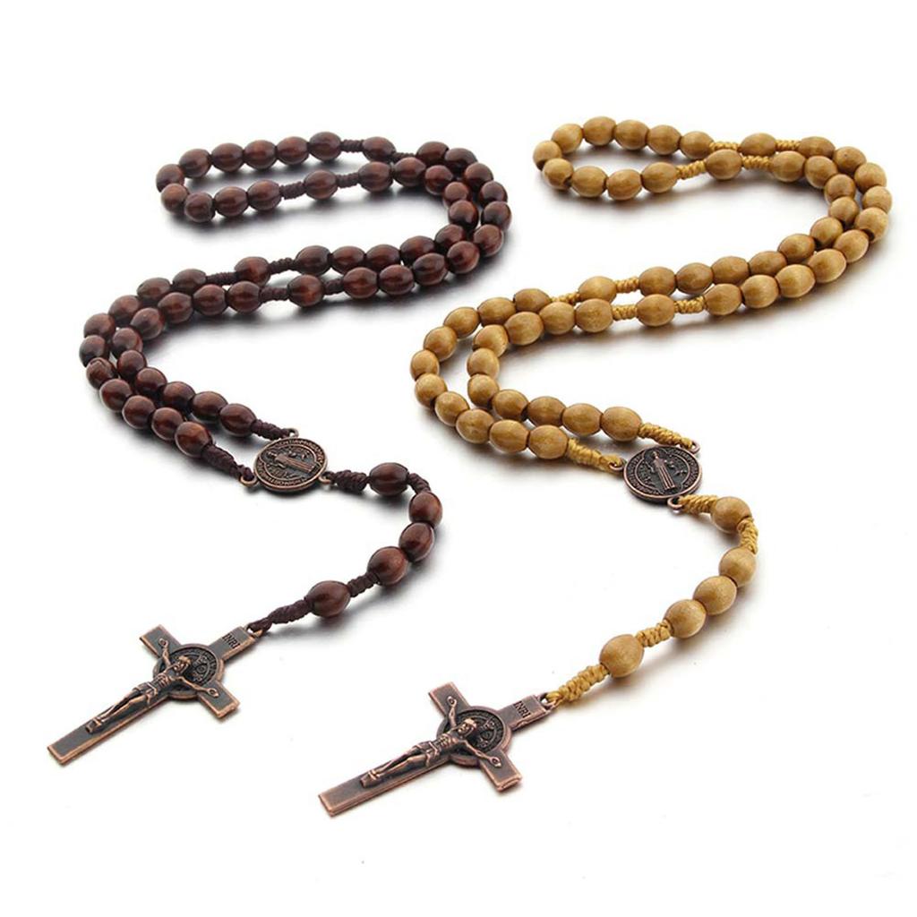 Wooden Beads Rosary Necklaces Christian Religious Cross Pendant Necklaces for Women Men Long Chain Jewelry Gift