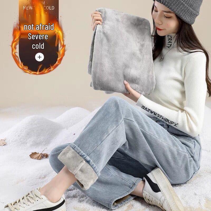 Women s High-Waisted Velvet-Lined Wide-Leg Jeans - Winter 2025 Slim Fit XLarge