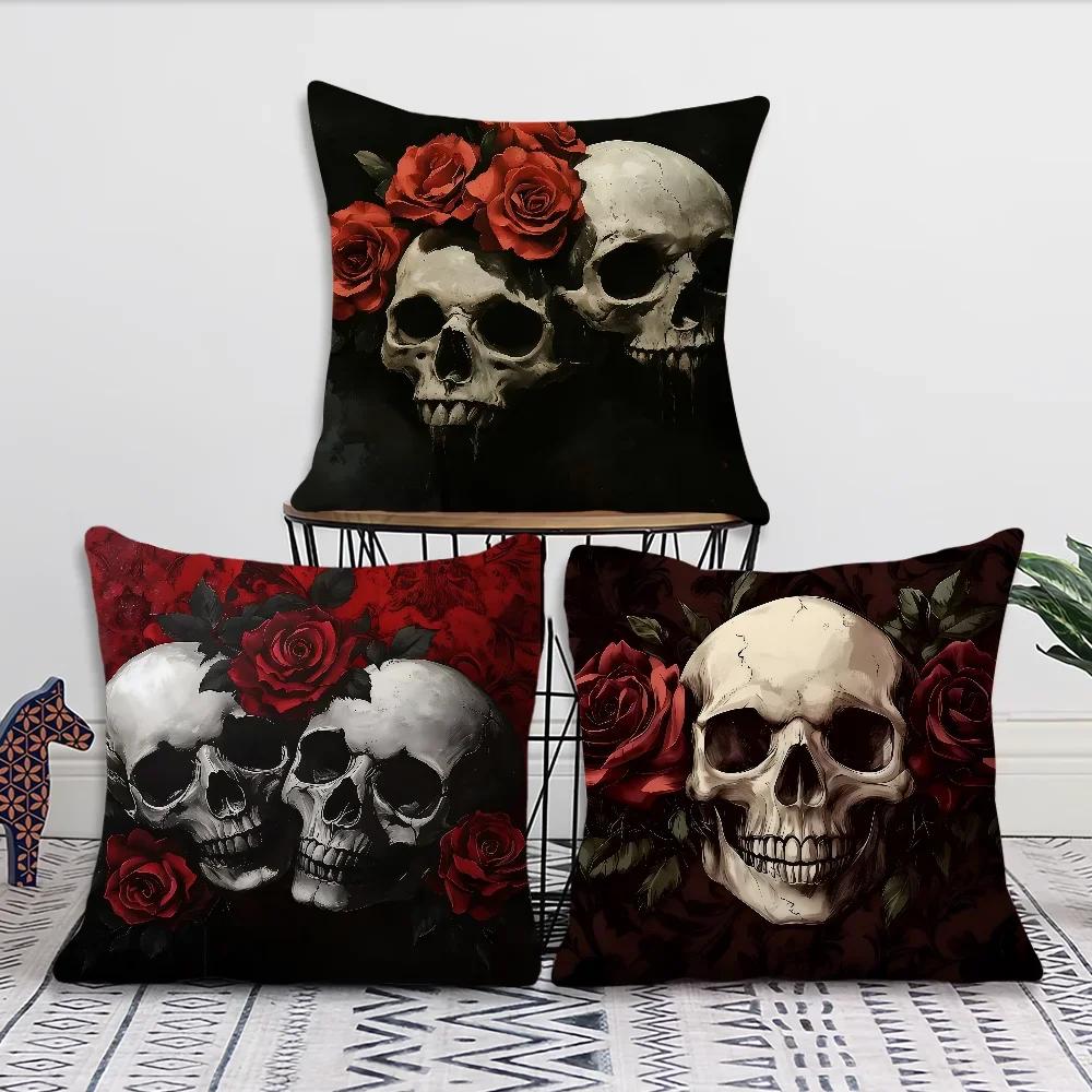 Edgy Skull Rose Cushion Cover Pillow Case Plush Fabric Soft Double Sided Print Sofa Cushion Cover Throw Pillow Covers